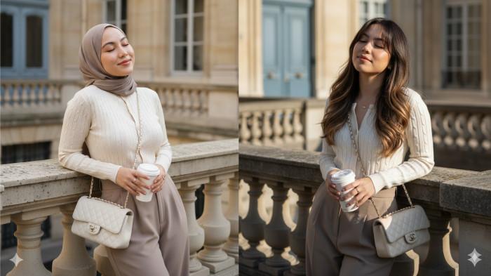 PROMPT GEMINI AI - Contoh foto hasil editan Gemini AI dari foto selfie menggunakan prompt Elegan Santai Gaya Netral Eropa di Golden Hour, Rabu (22/10/2025). (SERAMBINEWS.COM/AI)