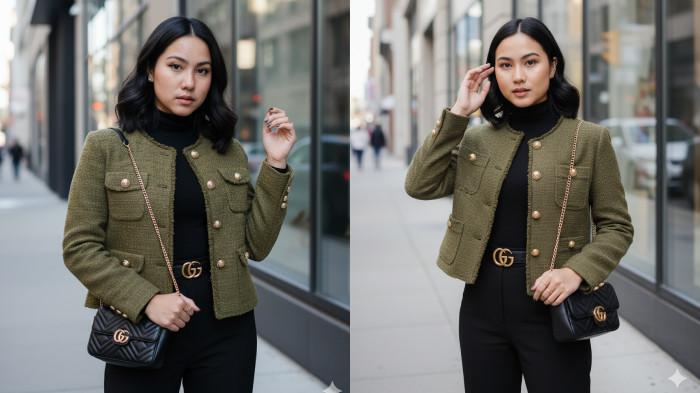 PROMPT GEMINI AI - Contoh foto hasil editan Gemini AI dari foto selfie menggunakan prompt Urban Chic dalam Tweed Zaitun & Aksen Emas, Rabu (22/10/2025). (SERAMBINEWS.COM/AI)