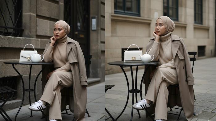 PROMPT GEMINI AI - Contoh foto hasil editan Gemini AI dari foto selfie menggunakan prompt Editorial Kafe Eropa Musim Gugur Minimalis, Selasa (14/10/2025).