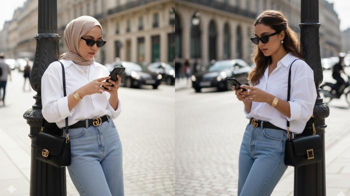 PROMPT GEMINI AI - Contoh foto hasil editan Gemini AI dari foto selfie menggunakan prompt Gaya Parisian Santai, Selasa (21/10/2025). (SERAMBINEWS.COM/AI)