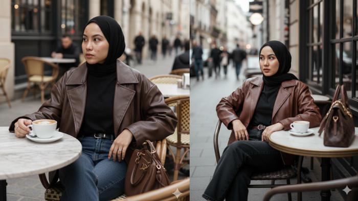 PROMPT GEMINI AI - Contoh foto hasil editan Gemini AI dari foto selfie menggunakan prompt Editorial Kafe Malam Hari (Nuansa Monokrom), Senin (13/10/2025).