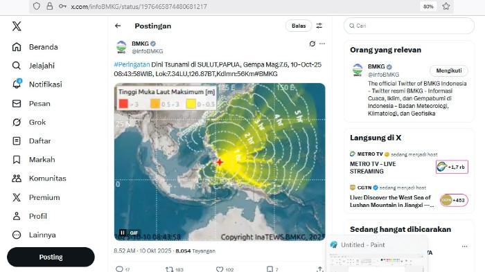 BMKG: Gempa Magnitudo 7,6 SR Guncang Melonguane Sulut Pagi Ini, Ada Peringatan Dini Tsunami