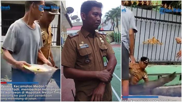 DIDORONG KE PARIT - Lurah Perintis, Kecamatan Medan Timur, Muhammad Fadli, mendatangi Polsek Medan Timur untuk melaporkan seorang pria paruh baya berinisal A, atas dugaan penganiayaan dan penghalangan dalam menjalankan tugasnya, Senin (13/10/2025)