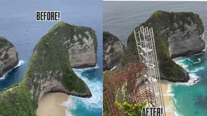 VIRAL - Foto viral di medsos, perbandingan foto Pantai Kelingking sebelum proyek lift kaca, dan setelah proyek lift kaca.