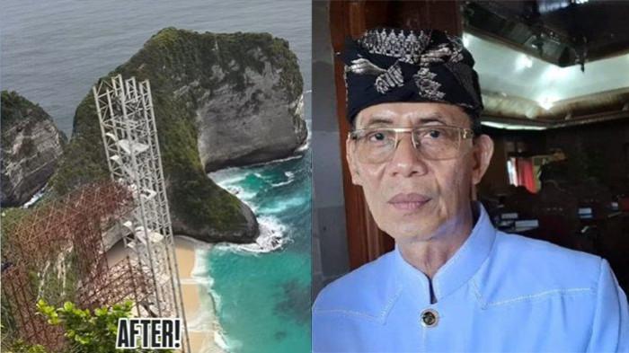 LIFT KACA - Kolase penampakan Pantai Kelingking, Nusa Penida, Klungkung, Bali saat pembangunan lift kaca (kiri) dan Bupati Satria. Terkait pembangunan lift ini, bupati telah dihubungi oleh Gubernur Koster.
