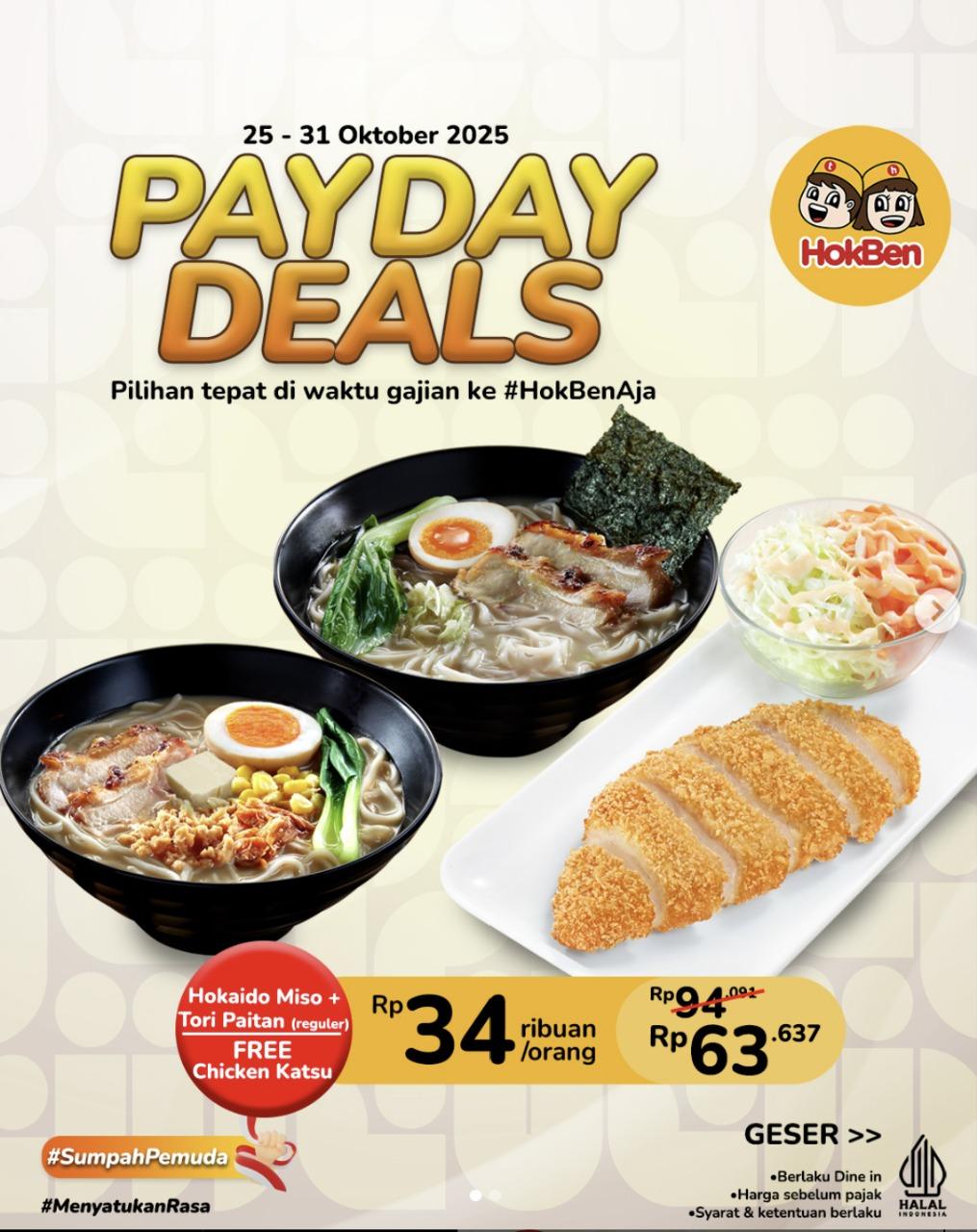 IRIT BANGET! Promo HokBen 26-31 Oktober 2025, Hokkaido Miso FREE Chicken Katsu Rp 63 Ribuan