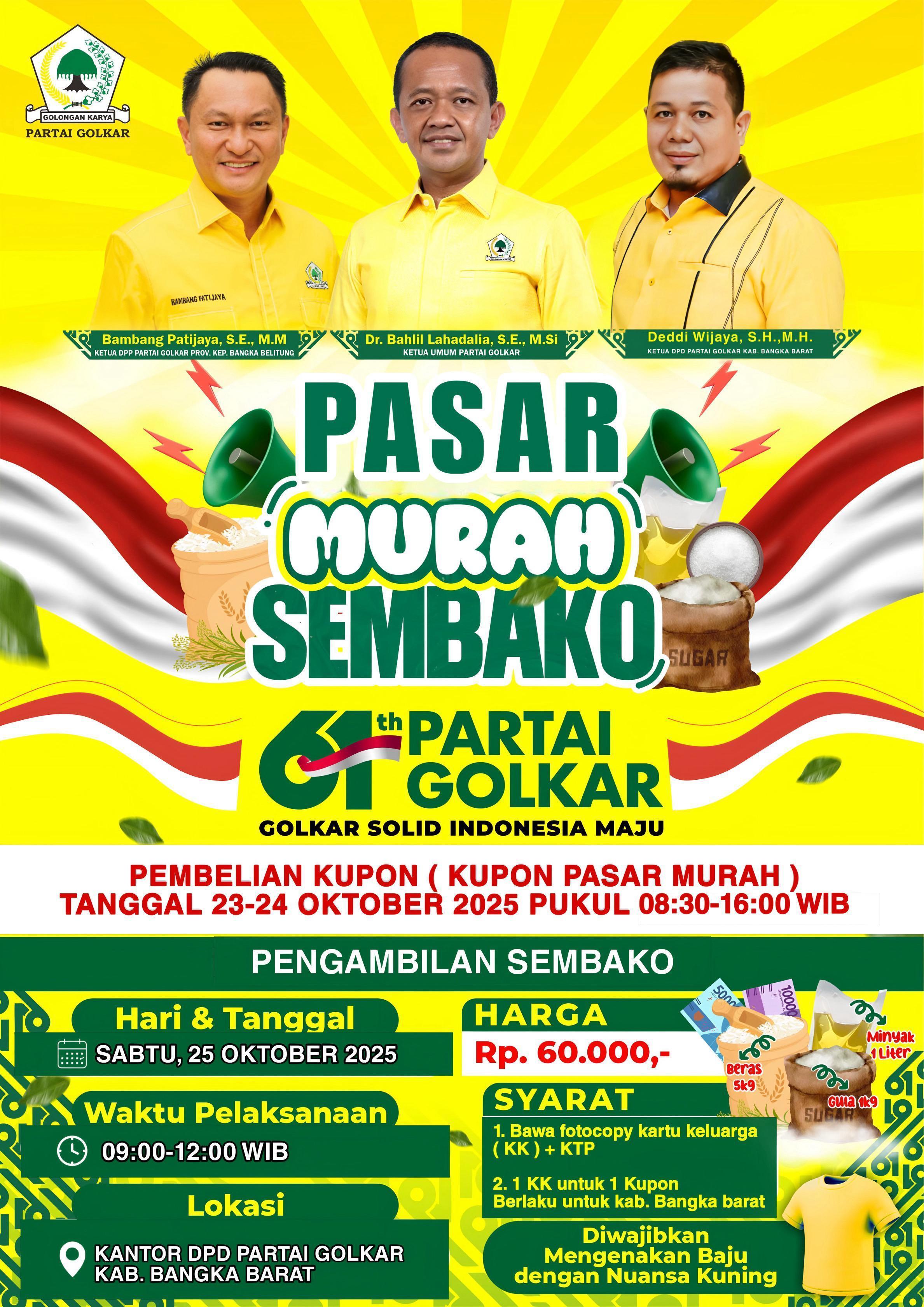 DPD Partai Golkar Kabupaten Bangka Barat bakal menggelar kegiatan sosial bertajuk, Pasar Murah Sembako Golkar Solid Indonesia Maju, Sabtu (25/10/2025) besok