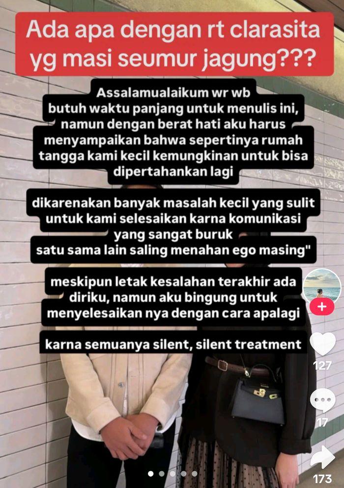 DIHAPUS - Tangkapan layar unggahan story instagram Clara Shinta dicapture Senin (20/10/2025).