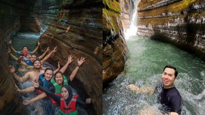 Wisatawan asyik bermain di Curug Putri, destinasi wisata alam air terjun di Kabupaten Pandeglang, Banten.