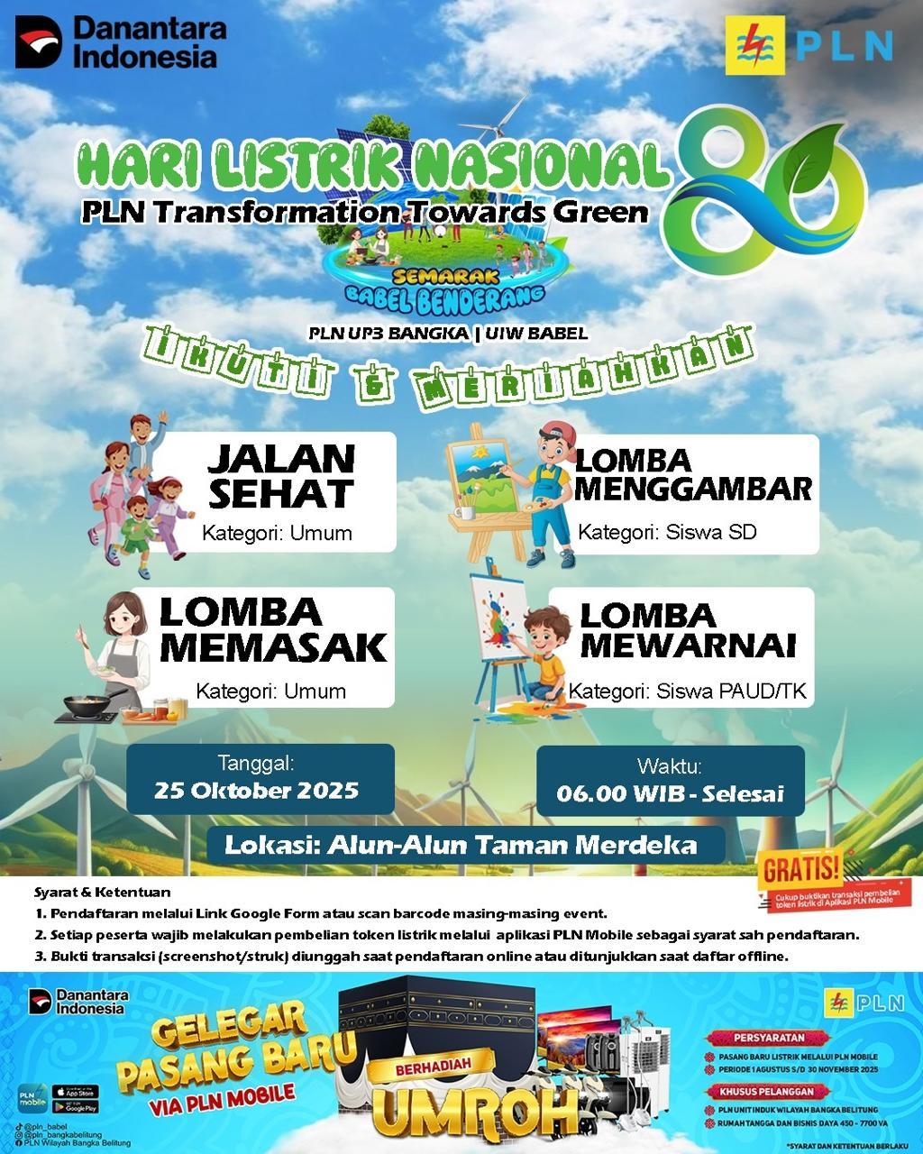 PLN Babel mengajak masyarakat memperingati Hari Listrik Nasional ke 80 dengan menggelar kegiatan Semarak Babel Benderang di Alun-Alun Taman Merdeka Pangkalpinang