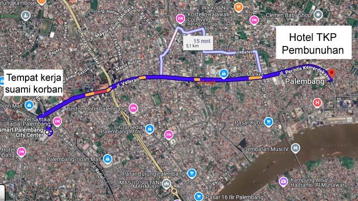 IBU HAMIL DIBUNUH: Tangkapan layar jarak dari hotel TKP pembunuhan Anti Puspitasari dengan tempat kerja suami korban yang berjarak dekat yakni 4 kilometer.
