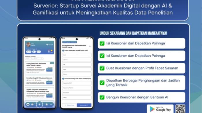SURVERIOR -Mahasiswa Jurusan Teknik Komputer dan Informatika (JTK) Politeknik Negeri Bandung (Polban) berhasil meluncurkan Surverior, sebuah platform survei digital inovatif yang dikembangkan melalui Program Kreativitas Mahasiswa (PKM) dan didanai oleh Direktorat Pembelajaran dan Kemahasiswaan (Belmawa) Kemendikbudristek.