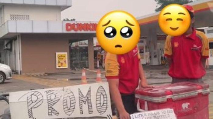JUALAN KOPI - Tangkapan layar video menayangkan pegawai Shell berjualan kopi di pinggir jalan di tengah isu Pemutusan Hubungan Kerja (PHK) dan stok Bahan Bakar Minyak (BBM) yang kosong, menjadi sorotan viral di media sosial.