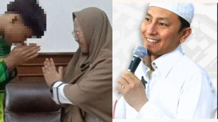 (KIRI) Kepala Sekolah SMAN 1 Cimarga, Dini Pitria, saat proses perdamaian dengan orang tua murid di SMAN 1 Cimarga, Kamis (16/10/2025) (KANAN) Ustadz Lancip