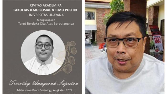 SANG AYAH IKHLAS - Lukas Triana, ayah mendiang Timothy, telah merelakan dan memaafkan perbuatan sejumlah rekan mahasiswa yang melakukan perundungan terhadap anaknya. (Instagram Fisip Unad dan Istimewa).
