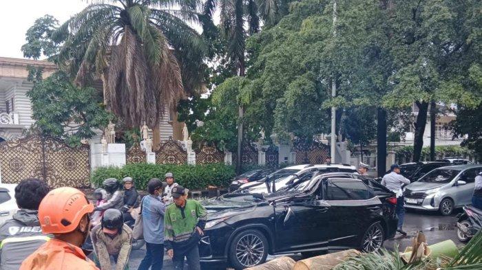 Kondisi mobil Toyota Lexus yang tertimpa pohon tumbang di Jalan Metro Pondok Indah Raya, Kebayoran Lama, Jakarta Selatan, Minggu (26/10/2025)