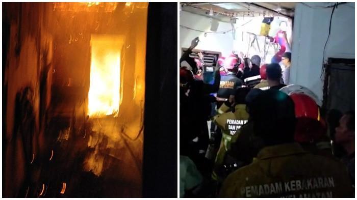 EVAKUASI KORBAN KEBAKARAN - Proses evekuasi korban tewas dalam insiden kebakaran di Jalan Rawa Bening, Kelurahan Pipa Reja, Kecamatan Kemuning, Palembang, pada Minggu malam (19/10/2025), sekitar pukul 23.00 WIB.