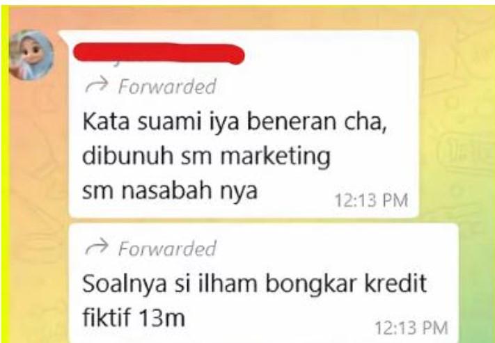 KACAB BUMN ; Tangkapan chat rumor tentang dugaan pelaku menculik dan membunuh Mohamad Ilham Pradipta (37) Kacab Bank BUMN di Jakarta