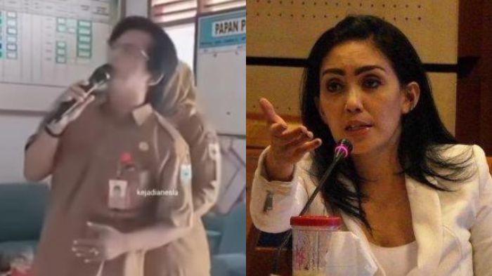 KARAOKE DI SEKOLAH - Sentilan anggota DPR RI Rieke Diah Pitaloka (foto kanan) untuk video viral Kepala Sekolah dan guru di Banten karaokean pakai Smart TV bantuan Presiden Prabowo Subianto.