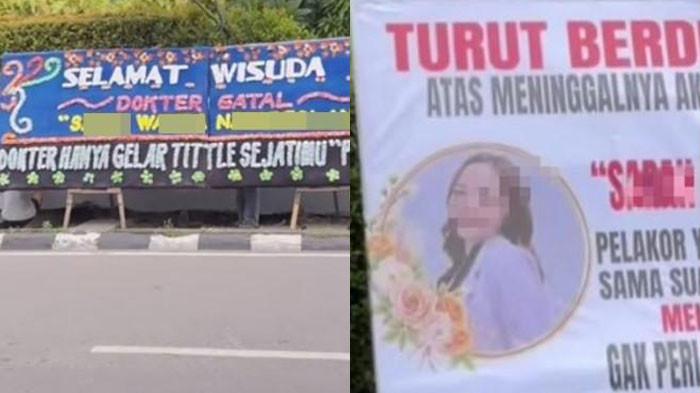 DRAMA RUMAH TANGGA - Penampakan papan bunga yang viral ketika seorang mahasiswi kedokteran jalani wisuda. Papan bunga tersebut dikirimkan oleh seorang wanita bernama Suci yang sakit hati suaminya berpaling di saat dirinya baru saja melahirkan.