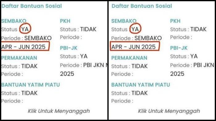 BANSOS PKH BPNT - Tangkapan layar hasil pencairan Cek Bansos di aplikasi Cek Bansos. Cek Bansos Kemensos. Cek bansos BPNT 2025. BPNT 2025. (KOMPAS.com/MELA ARNANI)