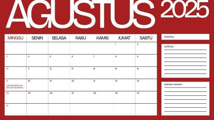 KALENDER AGUSTUS 2025 - Ilustrasi. Tanggalan Jawa Agustus 2025 lengkap Weton, Neptu dan Nuku. Cek tanggal merah kalender Agustus 2025 dan libur Nasional. (Grafis TribunKaltim.co via Canva)