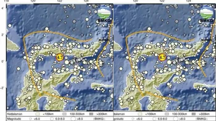 GEMPA BUMI GORONTALO - Gempa bumi guncang wilayah Gorontalo. Berdasarkan informasi awal dari Badan Meteorologi, Klimatologi, dan Geofisika (BMKG), pusat gempa berada di darat, tepatnya pada koordinat 0.30 Lintang Utara dan 121.99 Bujur Timur, sekitar 18 kilometer Tenggara Pohuwato, Gorontalo. (X.com/BMKG)