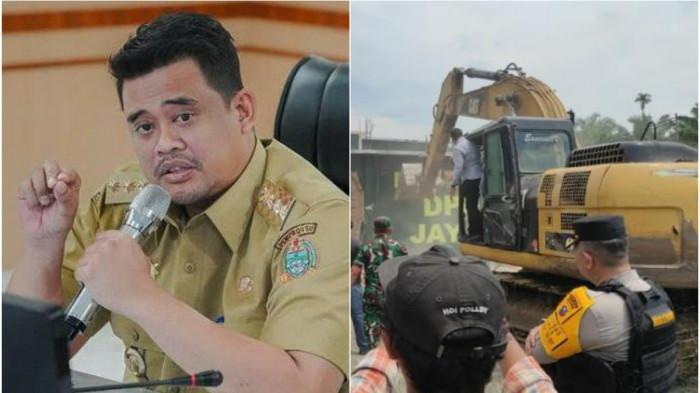 MARKAS GRIB DIBONGKAR - (Kiri) Foto Gubernur Sumut Bobby Nasution yang diunduh dari Instagram pribadinya pada Kamis (6/3/2025) dan (Kanan) Momen alat berat merobohkan gedung Dewan Pimpinan Daerah (DPD) Gerakan Rakyat Indonesia Bersatu (GRIB) Sumatera Utara, Kamis (14/8/2025).