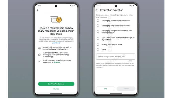 CEGAH SPAM - Ilustrasi New Chat Message Limit. WhatsApp tengah menguji fitur baru yang dirancang untuk membatasi jumlah pesan yang bisa dikirimkan pengguna ke kontak baru yang belum membalas. Hal ini dilakukan untuk mencegah pesan spam yang merajalela di platform tersebut. (WABetaInfo)