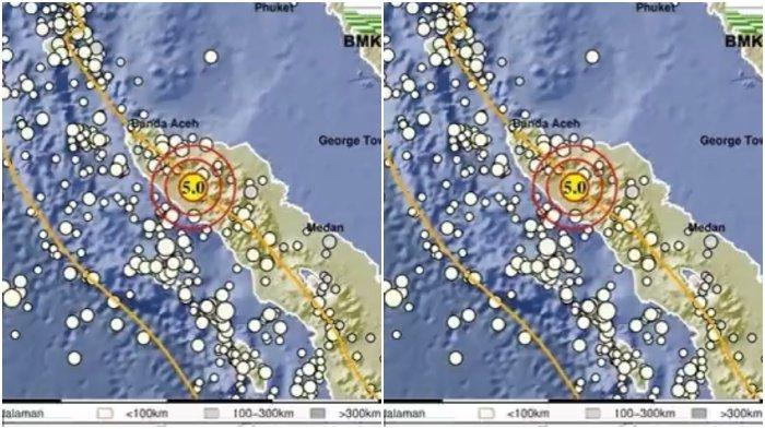 GEMPA ACEH -  Gempa bumi dengan magnitudo 5 mengguncang wilayah Kabupaten Nagan Raya, Aceh, pada Sabtu (25/10/2025) pukul 11.56 WIB. (X @BMKG)