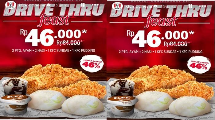 PROMO KFC - paket Promo KFC Drive Thru Feast 2 ayam goreng KFC, 2 nasi, KFC Sundae, puding cuma Rp 46 ribu.