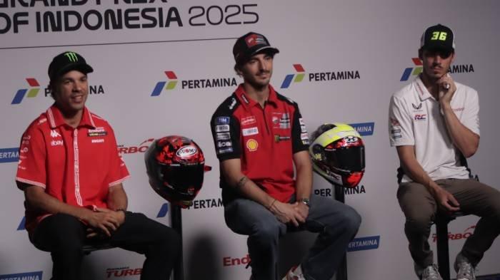 KONFERENSI PERS - Franco Morbidelli, Francesco Bagnaia, dan Joan Mir wawancara dengan media di Sirkuit Mandalika, Lombok Tengah, Kamis (2/10/2025).