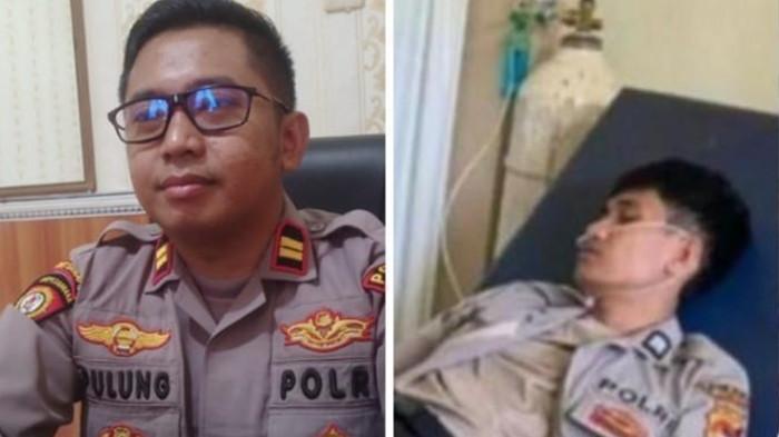 BRIGADIR NURUL - Brigadir M Nurul Solihin terbaring setelah dianiaya dan disiram miras oleh Kapolsek (kanan). Dan foto Kapolsek Kediri Iptu Pulung Anggara Surya Putra alias Iptu PASP (kiri).