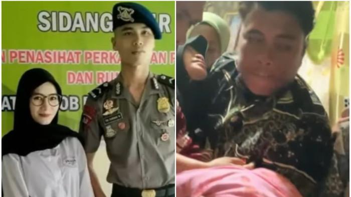 PERNIKAHAN VIRAL - (Kiri) Foto anggota Brimob Polda Gorontalo Bripda Tri Farhan Mahieu saat foto bersama dengan calon istrinya Sukmawati Rahman dan (Kanan) Tangkap layar video viral saat Sukmawati pingsan lantran calon suami tiba-tiba menghilang saat akad nikah, pada Sabtu (9/8/2025) kemarin.