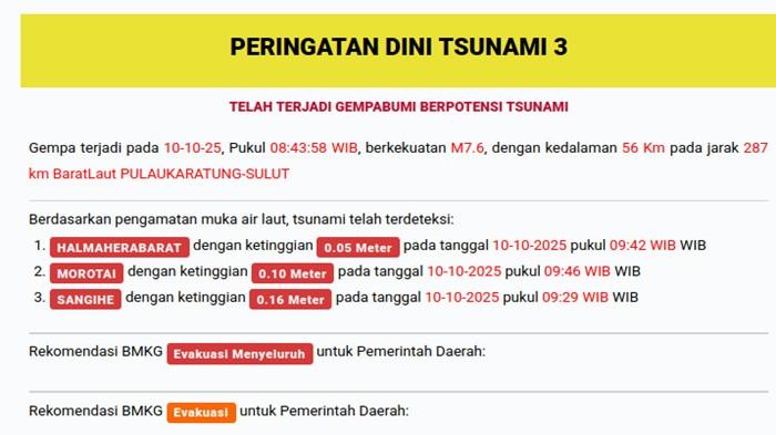 GEMPA TSUNAMI - Gempa bumi magnitudo 7.6 SR guncang wilayah Sulawesi Utara (Sulut) pada Jumat (10/10/25). Tsunami terdeteksi terjadi di Sangihe - Sulut hingga Halmahera Barat (Halbar) dan Morotai - Malut.