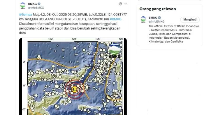 Info gempa bumi terkini di wilayah Sulawesi Utara, Rabu (8/10/2025).
