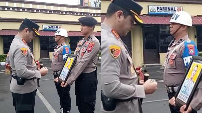 POLISI DIPECAT – Kapolrestabes Makassar Kombes Pol Arya Perdana seusai mencoret foto Bripka Teguh Sutrisno di halaman Mapolrestabes Makassar, Jl Ahmad Yani, Kecamatan Wajo, Senin (27/10/2025) pagi. Ia tak masuk dinas selama enam bulan tanpa keterangan.