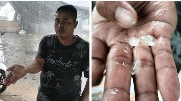 TURUN HUJAN ES - Lasi salah seorang warga Desa E Wonokerto Kecamatan Tugumulyo, Musi Rawas saat menunjukan es beku yang jatuh dari atas langit, Kamis (2/10/2025). (Sripoku.com/Eko Mustiawan)