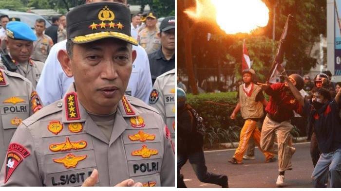 KAPOLRI JENDERAL LISTYO -- (kiri) Kapolri Jenderal Listyo Sigit / (kanan) dan aksi demo di Mako Brimob Polda Metro Jaya, Kwitang, Jakarta Pusat dengan petasan pada Jumat (29/8/2025) sore (Tribunnews/Heruddin)