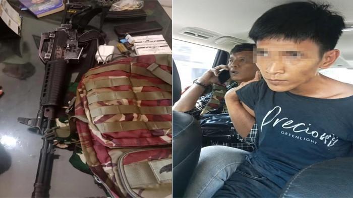 OKNUM TNI DIAMANKAN - Oknum TNI Praka S, oknum anggota TNI AD saat diamankan. Sebelumnya, dia menlepaskan tembakan di Kantor BRI Cabang Gowa, Somba Opu, Kabupaten Gowa, Sulawesi Selatan, Kamis (25/9/2025) pagi.
