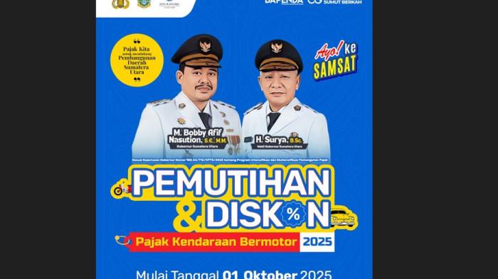 PEMUTIHAN PAJAK - Pemerintah Provinsi Sumatera Utara melakukan pemutihan dan diskon pajak kendaraan bermotor mulai hari ini, Rabu (1/10/2025). Ada banyak diskon yang dihadirkan. (INSTAGRAM BAPENDA SUMUT)
