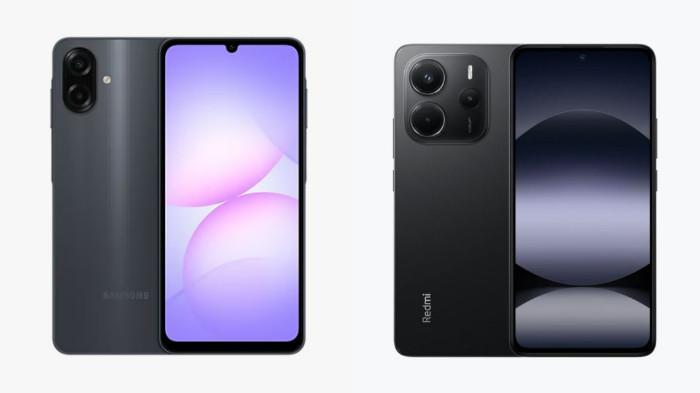 PERBANDINGAN HP - Tangkapan layar tampilan HP Samsung Galaxy A07 dan Xiaomi Redmi Note 14 yang diambil dari website Samsung.com dan Mi.co.id, Selasa (16/9/2025).