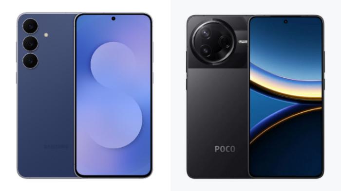 PERBANDINGAN HP - Tangkapan layar tampilan HP Samsung Galaxy S25 FE dan POCO F7 Pro yang diambil dari website Samsung.com dan Mi.co.id, Jumat (3/10/2025).