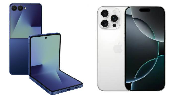 PERBANDINGAN HP - Kolase tangkapan layar tampilan HP Samsung Galaxy Z Flip7 dan iPhone 16 Pro Max yang diambil dari website Samsung.com dan iBox.co.id, Minggu (3/8/2025).