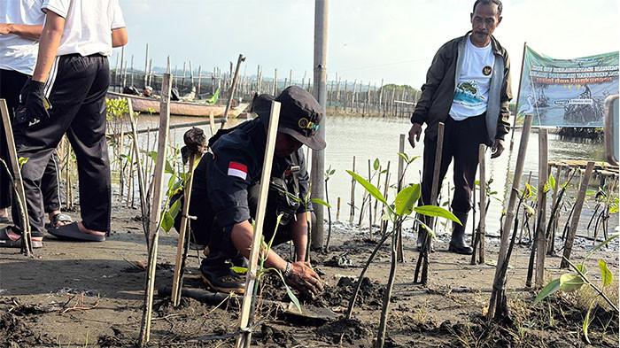 PEDULI LINGKUNGAN. Kasno, pria paruh baya berbadan tegap warga Wonodri Sendang, Kota Semarang adalah salah satu penggerak Komunitas Mangrove Semarang yang konsisten melakukan penanaman mangrove di pesisir pantai di Kota Semarang dan sekitarnya.