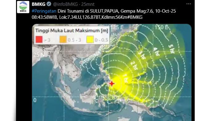 GEMPA BERPOTENSI TSUNAMI DI SULUT DAN PAPUA. #Peringatan Dini Tsunami di SULUT,PAPUA, Gempa Mag:7.6 terjadi di kedalaman 56 KM, 371 km Timur Laut Melonguane, Sulawesi Utara.