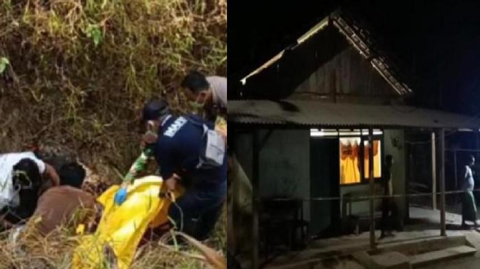 BUNUH MANTAN MERTUA - Kolase foto penemuan jasad Wawan dan garis polisi membentang di kediaman Miswati di Desa Temon, Arjosari, Pacitan. Wawan diduga pelaku pembunuhan keji yang menghabisi nyawa keluarga mantan istrinya dengan parang, hingga menyebabkan satu orang tewas dan lainnya luka-luka.