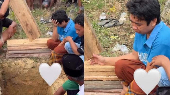 MENINGGAL DUNIA - Mimi Peri tak kuasa menahan tangisnya kehilangan sang ibu pada Kamis (30/10/2025) yang menjadi penyemangatnya dalam mencari nafkah. Sang ibu dimakamkan di kampung halamannya, Kabupaten Konawe Selatan, Sulawesi Tenggara (Sultra).