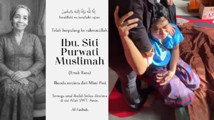 MENINGGAL DUNIA - Postingan duka terkait kepergian ibunda Mimi Peri, Siti Purwanti Muslimah, Kamis (30/10/2025) (KIRI). Mimi Peri (KANAN) tak kuasa menahan tangisnya kehilangan sang ibu yang menjadi penyemangatnya dalam mencari nafkah.