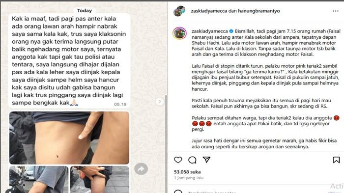 KORBAN PENGANIYAAN- Artis Zaskia Adya Mecca dibuat geram dengan kejadian nahas yang menimpa ART atau karyawan rumahnya bernama Faisal diduga menjadi korban penganiayaan oleh pengendara motor ngaku oknum anggota saat antarkan Kala ke sekolah.
